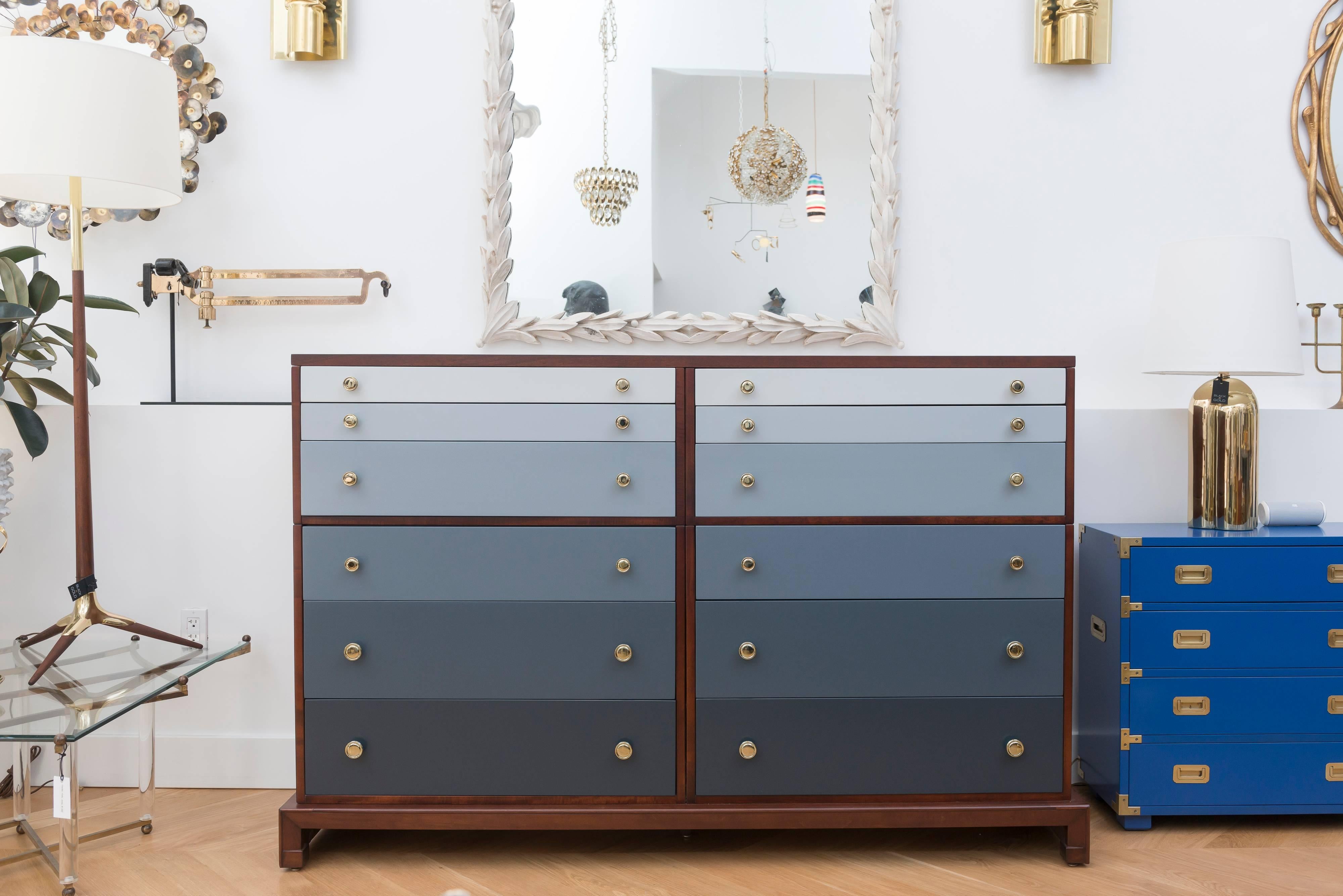 Beautifully restored 12-drawer chest with ombred drawer fronts and brass plated pulls.  This piece is part of The Widdicomb Modern Originals Flexi-Unit series (initially known as the Horizontal Vertical Sectional Modern series), a series that was