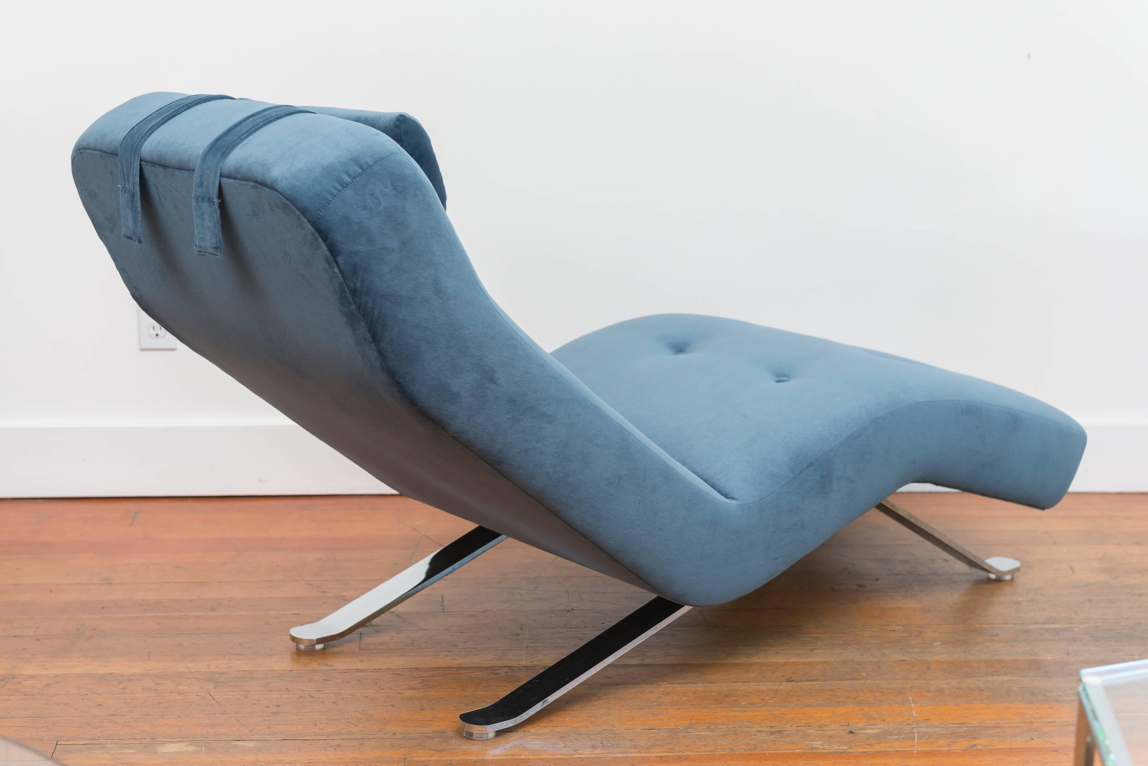 American Velvet and Chrome Chaise Longue For Sale
