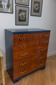 Six-Drawer Blue Lacquer and Mahogany Dresser