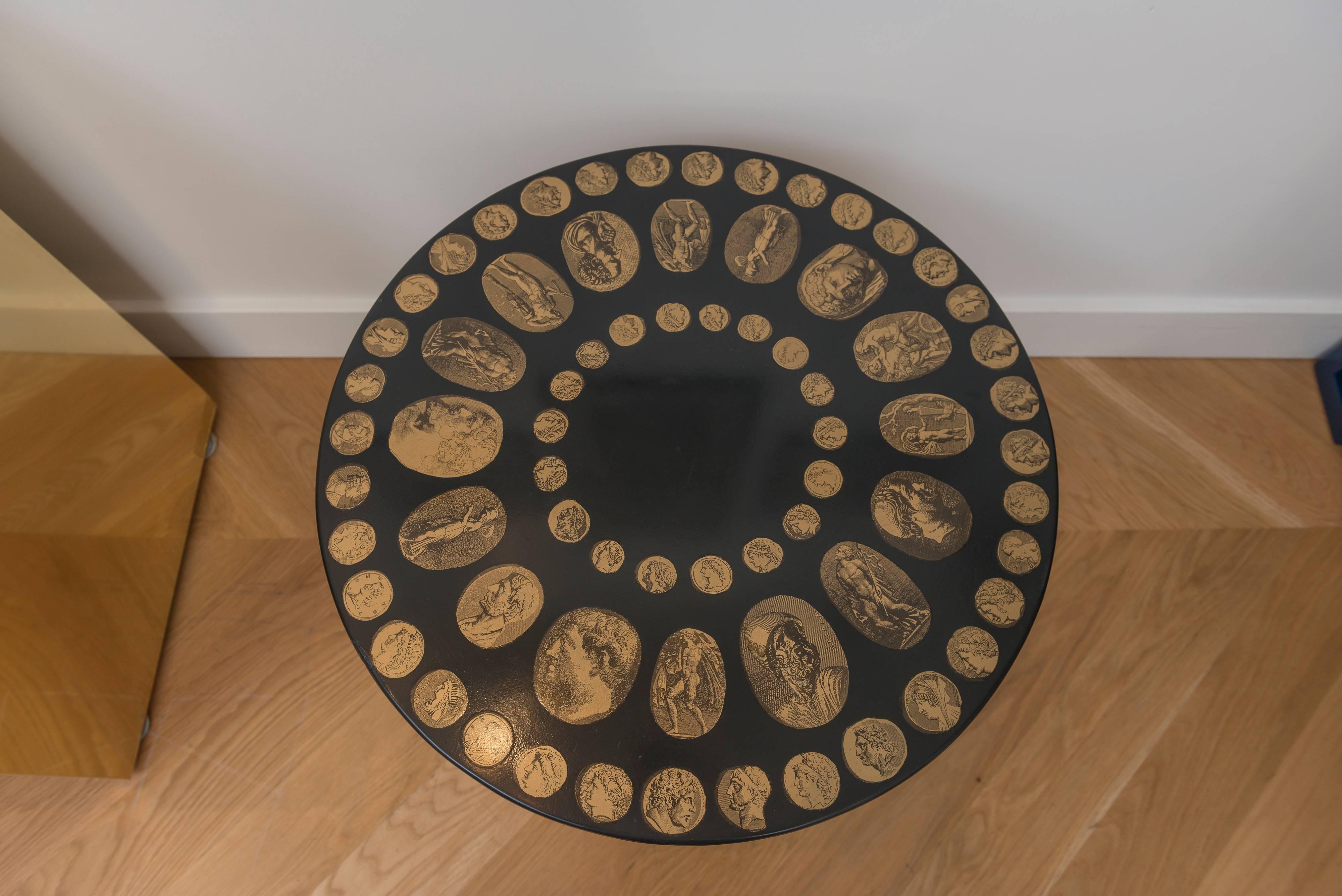 Mid-Century Modern Fornasetti Black and Gold Italian Coin Table For Sale