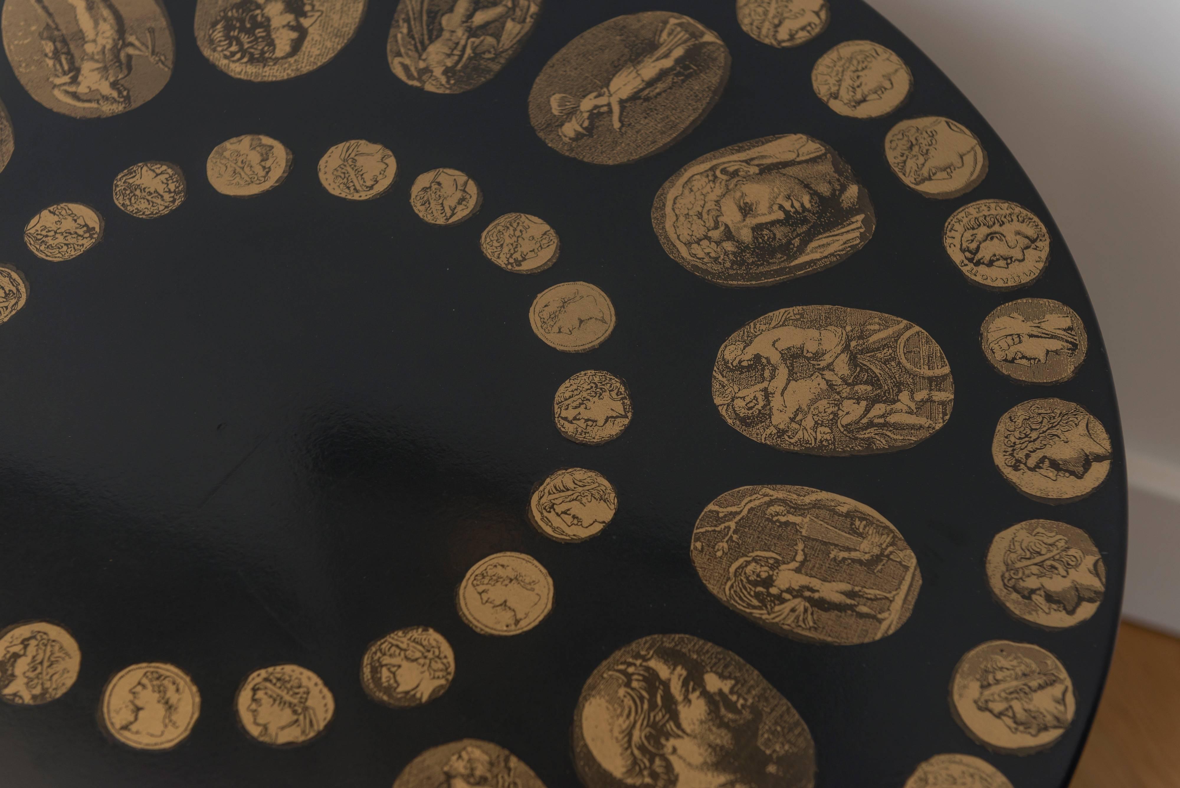 Mid-20th Century Fornasetti Black and Gold Italian Coin Table For Sale