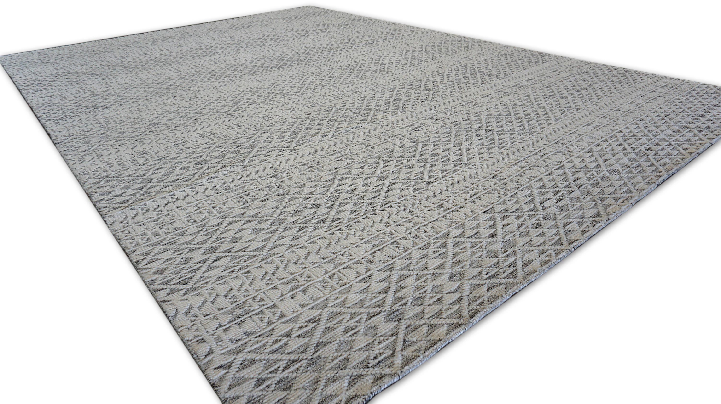 Geometrisch Grau und Elfenbein Handgeknüpfter Wollteppich 9'11''x14' (Moderne) im Angebot