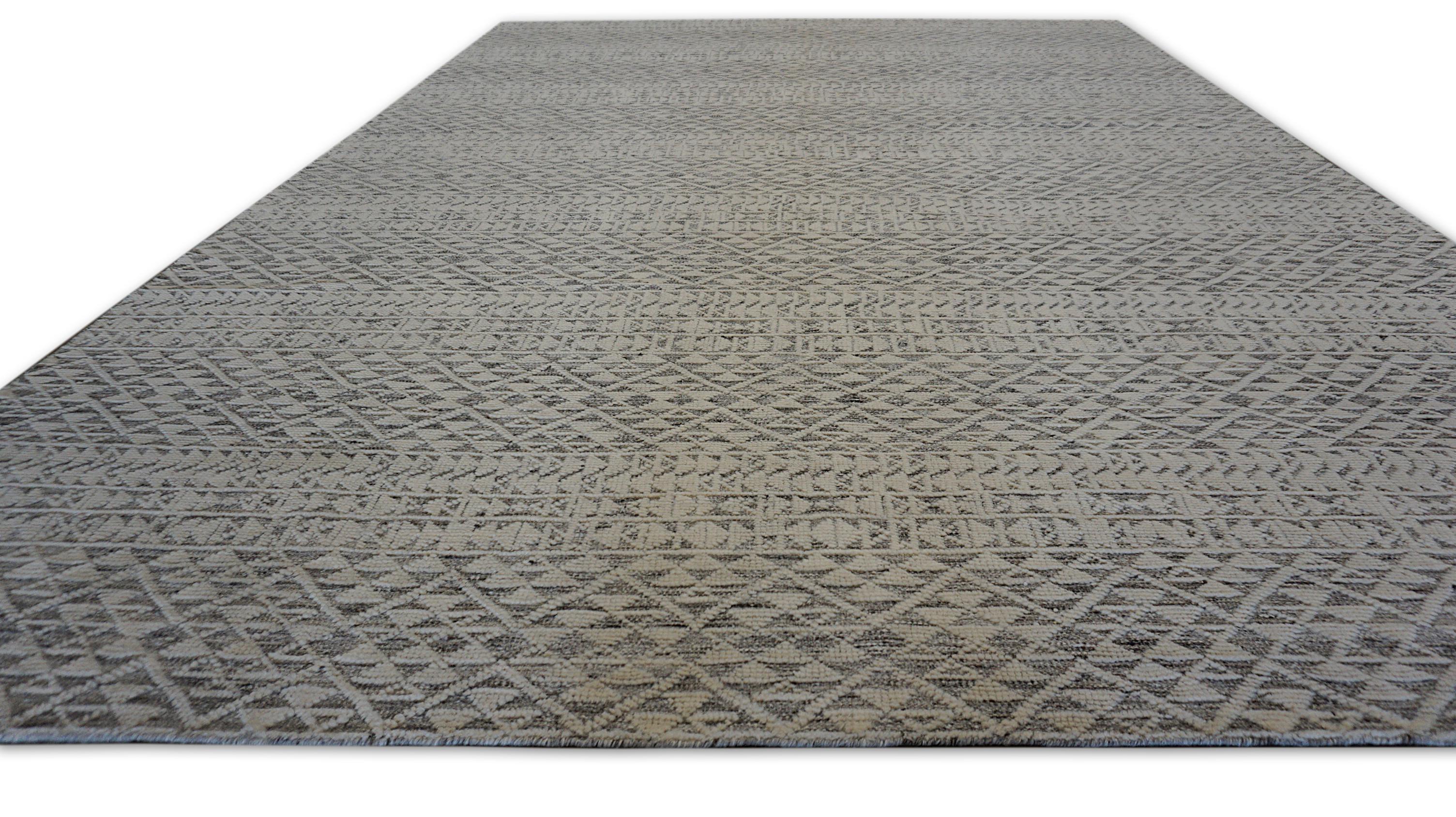 Geometrisch Grau und Elfenbein Handgeknüpfter Wollteppich 9'11''x14' (Wolle) im Angebot