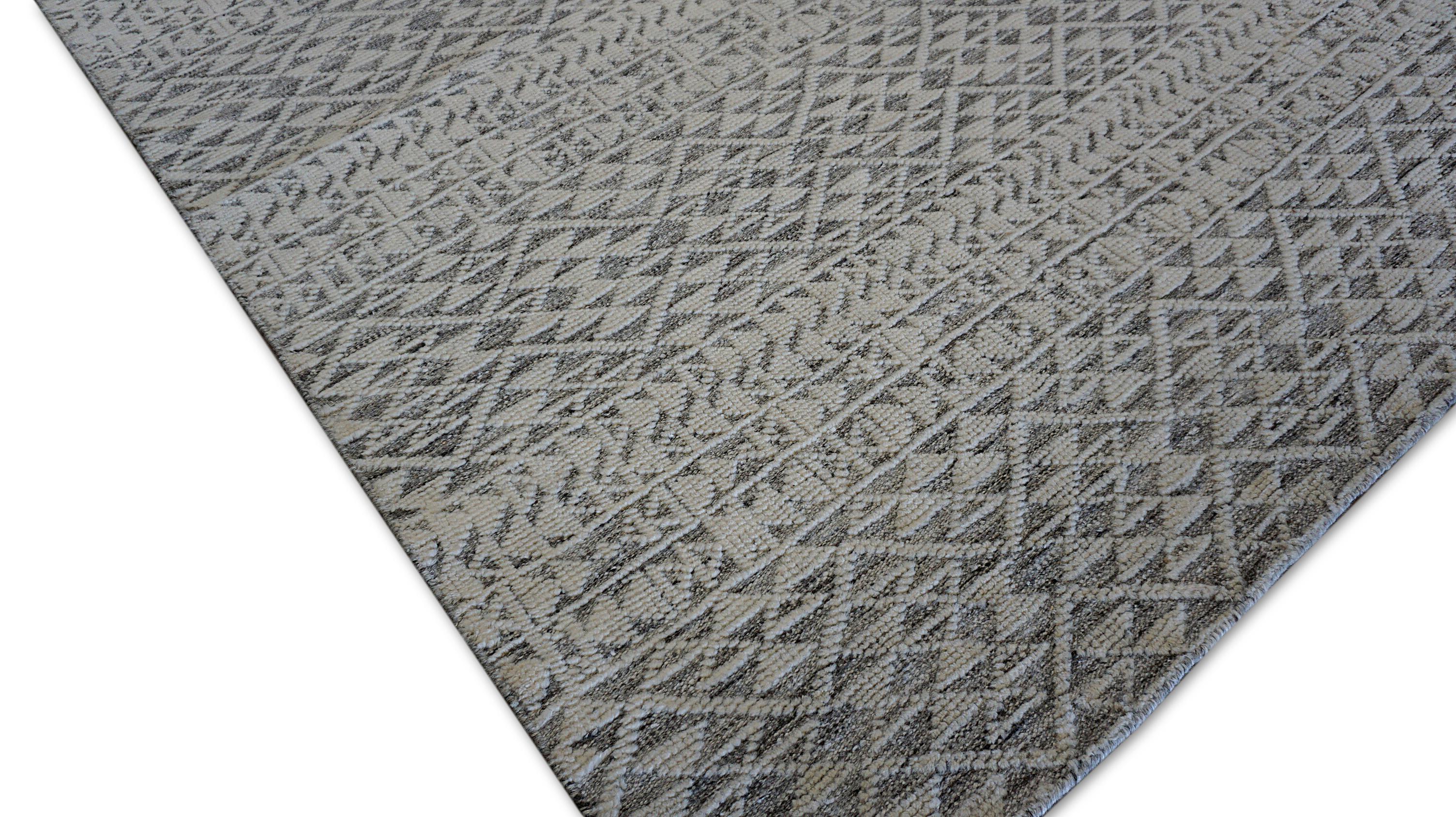 Geometrisch Grau und Elfenbein Handgeknüpfter Wollteppich 9'11''x14' (Asiatisch) im Angebot