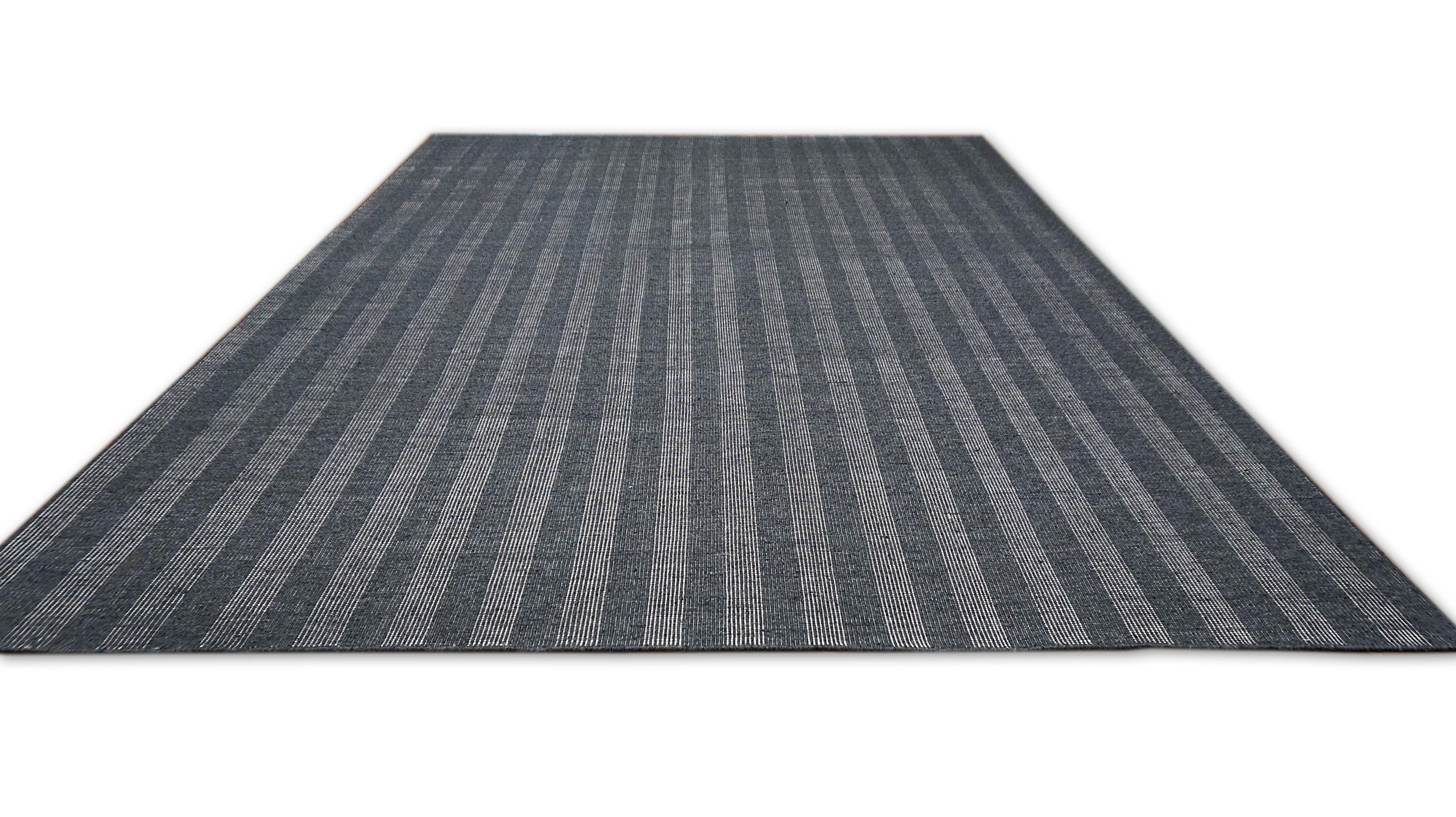 Modern Charcoal  Gestreifter Flachgewebe-Teppich aus Wolle 9'x11'10'' (Asiatisch) im Angebot