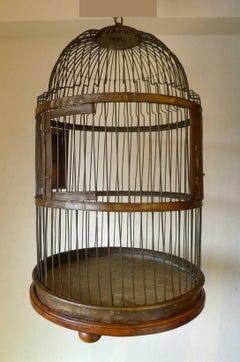 Large Brass and Walnut Bird Cage, 19th Century