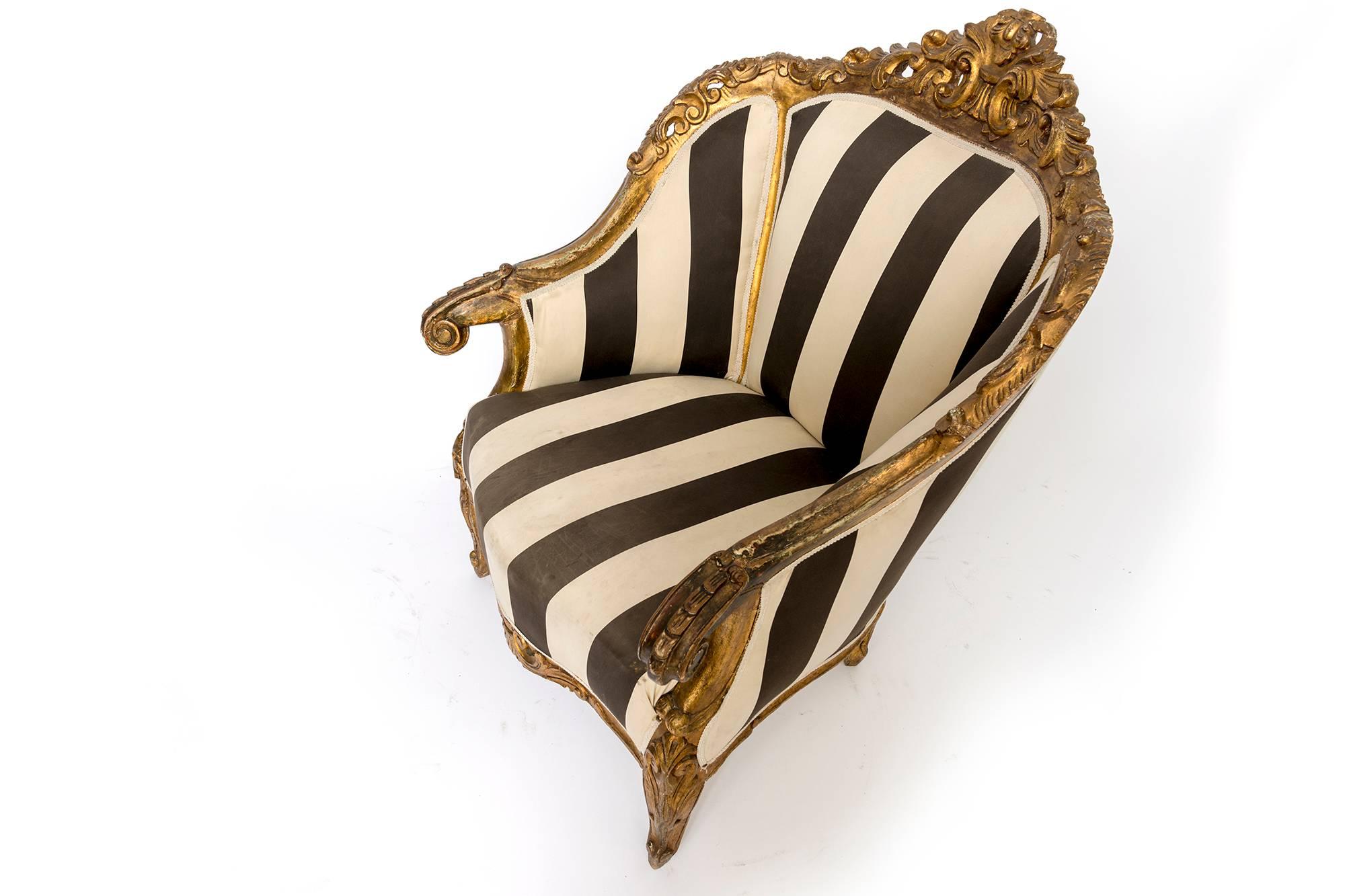 Regency Pair of Large Black and White Fabric Gilt Fauteuils