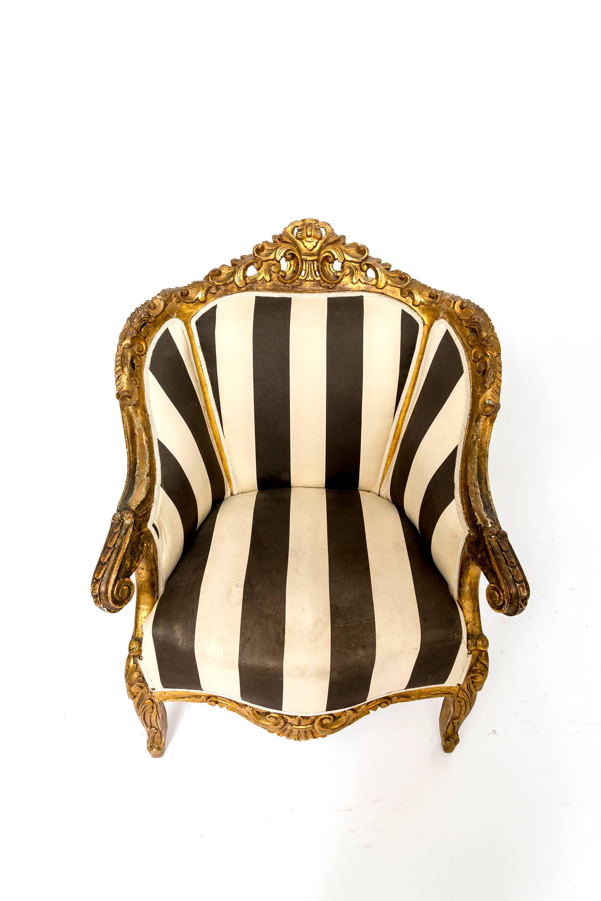 Pair of Large Black and White Fabric Gilt Fauteuils In Distressed Condition In Los Angeles, CA