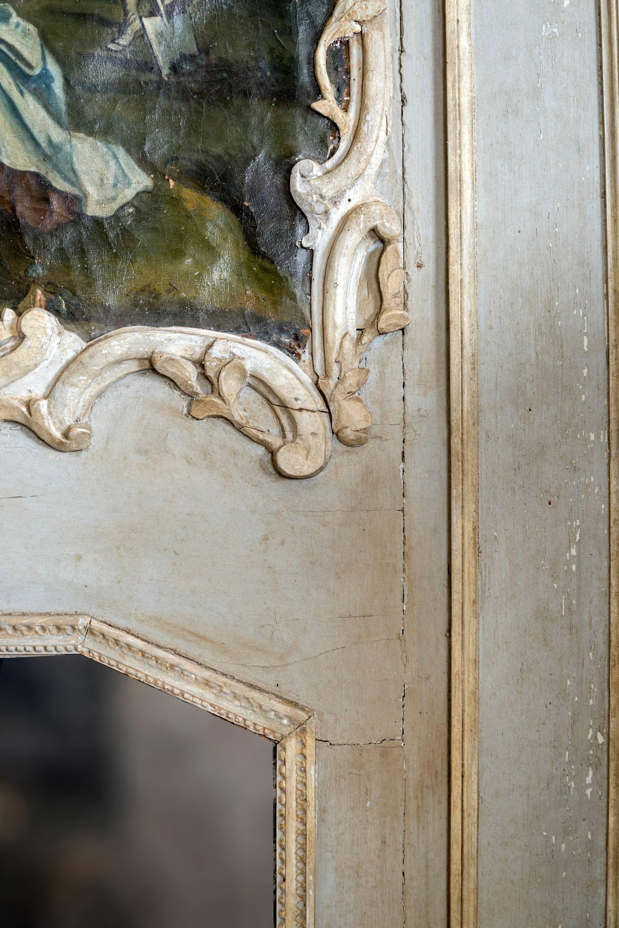 Louis XV Large Decorative Trumeau Mirror In Distressed Condition For Sale In Los Angeles, CA