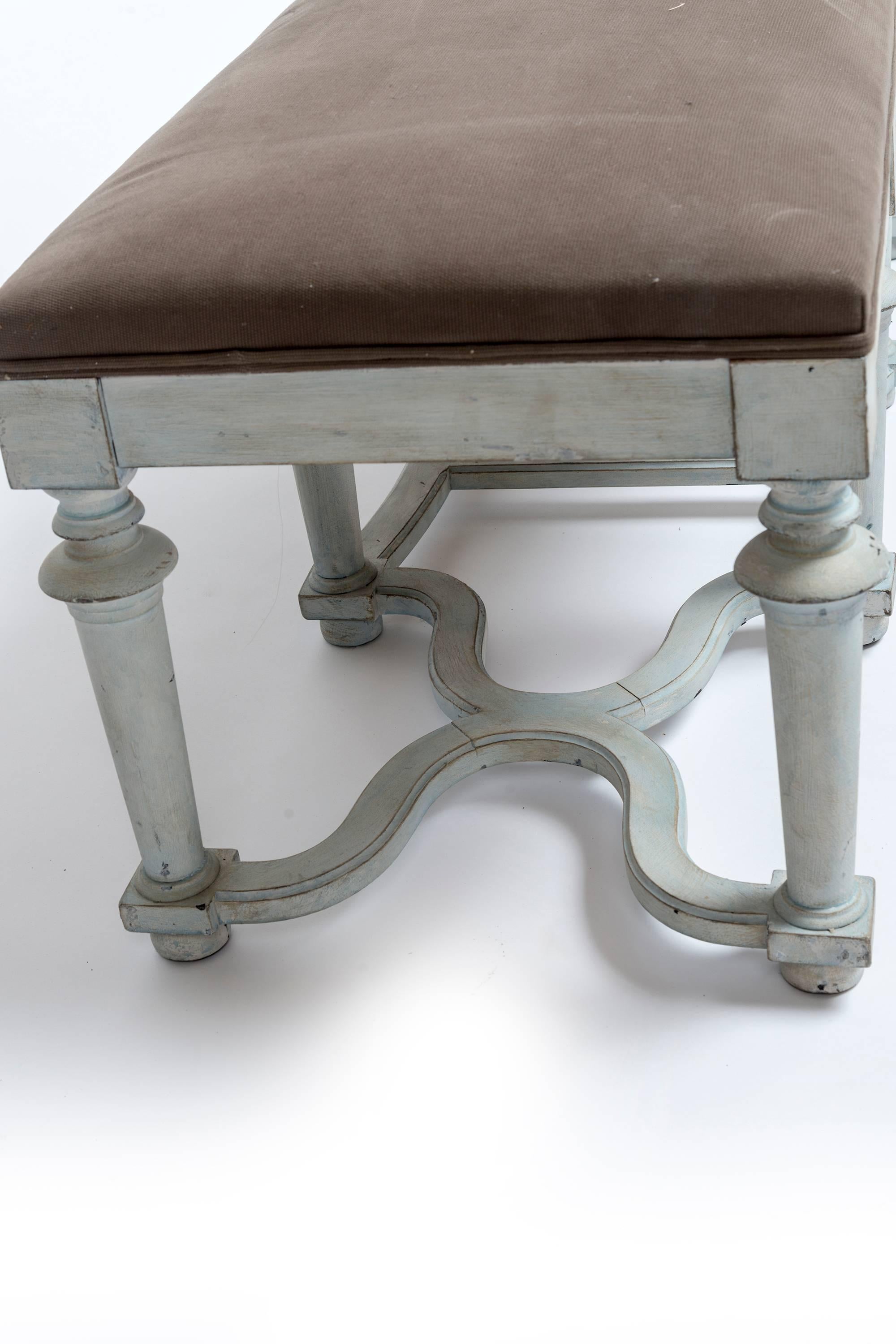 French Provincial Pair of Light Blue/Green Painted Benches with Grey Cushions