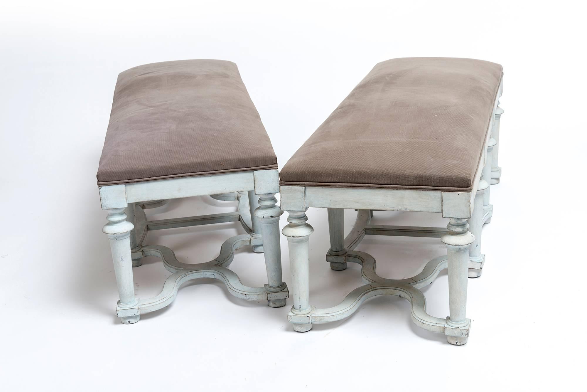 19th Century Pair of Light Blue/Green Painted Benches with Grey Cushions