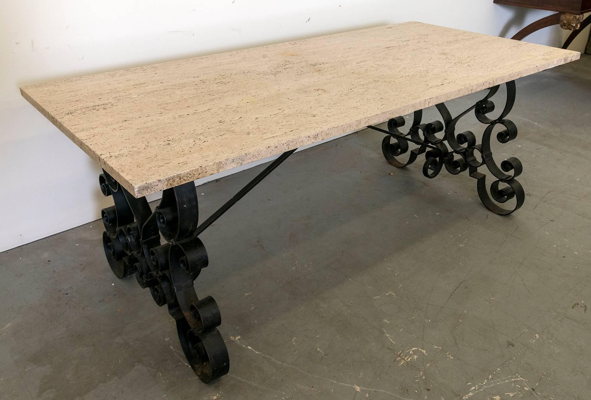 19th Century Cast Iron Table with a Travertine Top with Two Wooden Extension Leaves For Sale