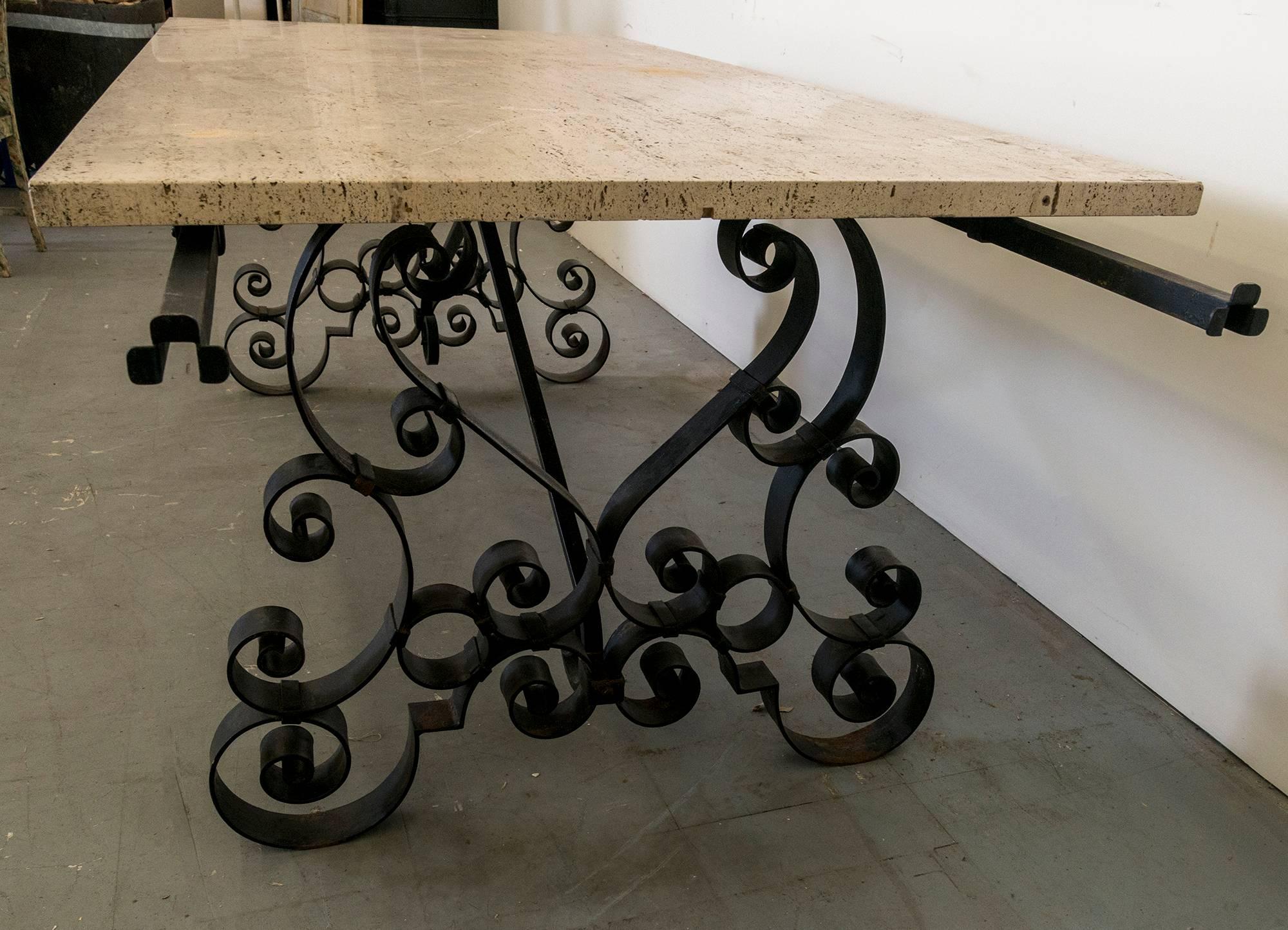 Cast Iron Table with a Travertine Top with Two Wooden Extension Leaves For Sale 1