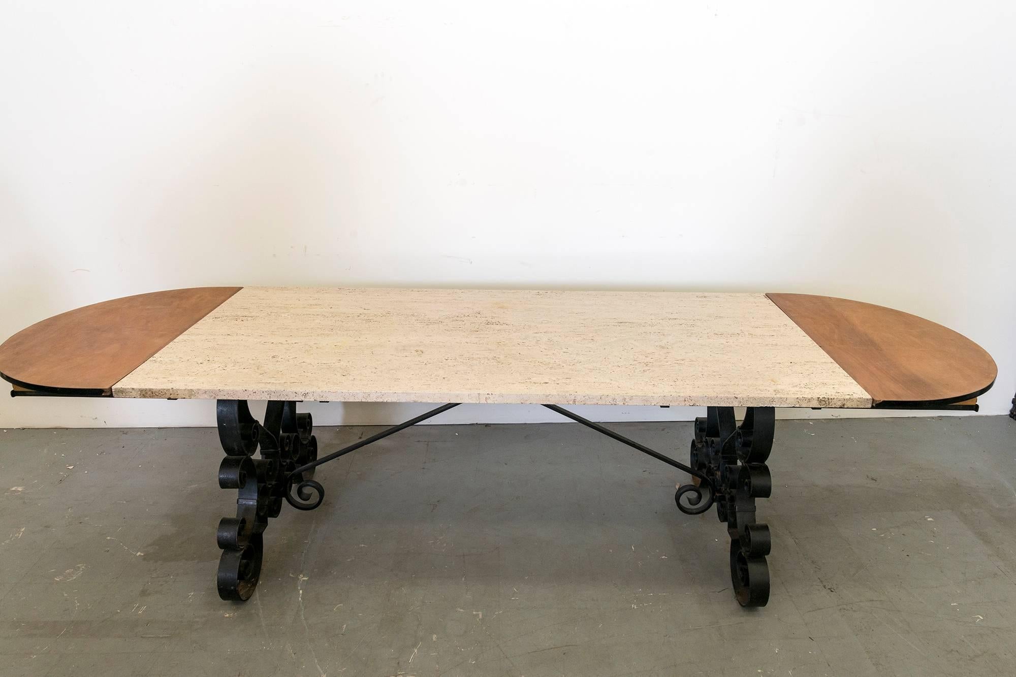 Cast Iron Table with a Travertine Top with Two Wooden Extension Leaves For Sale 3
