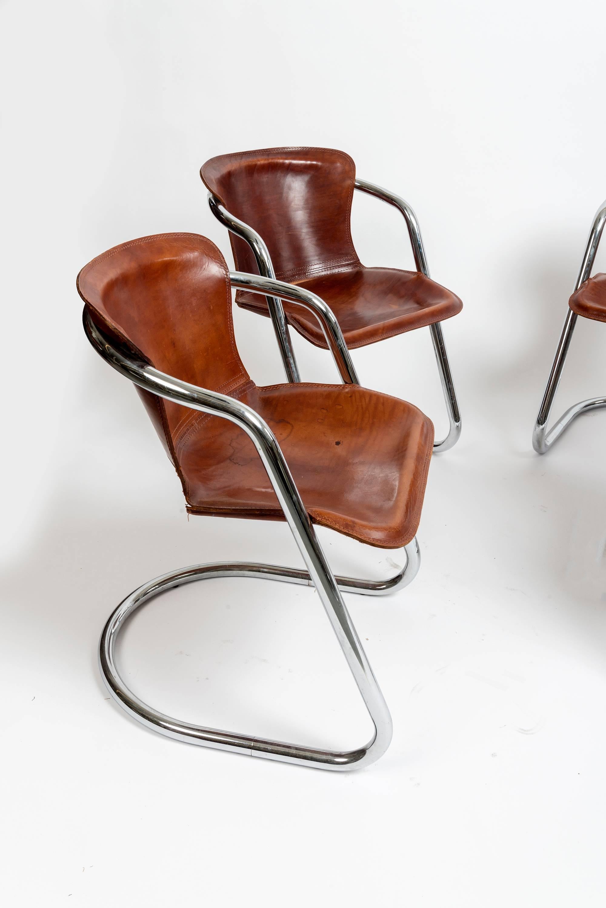 Set of Willy Rizzo Dining Chairs with Cognac Leather In Excellent Condition In Los Angeles, CA