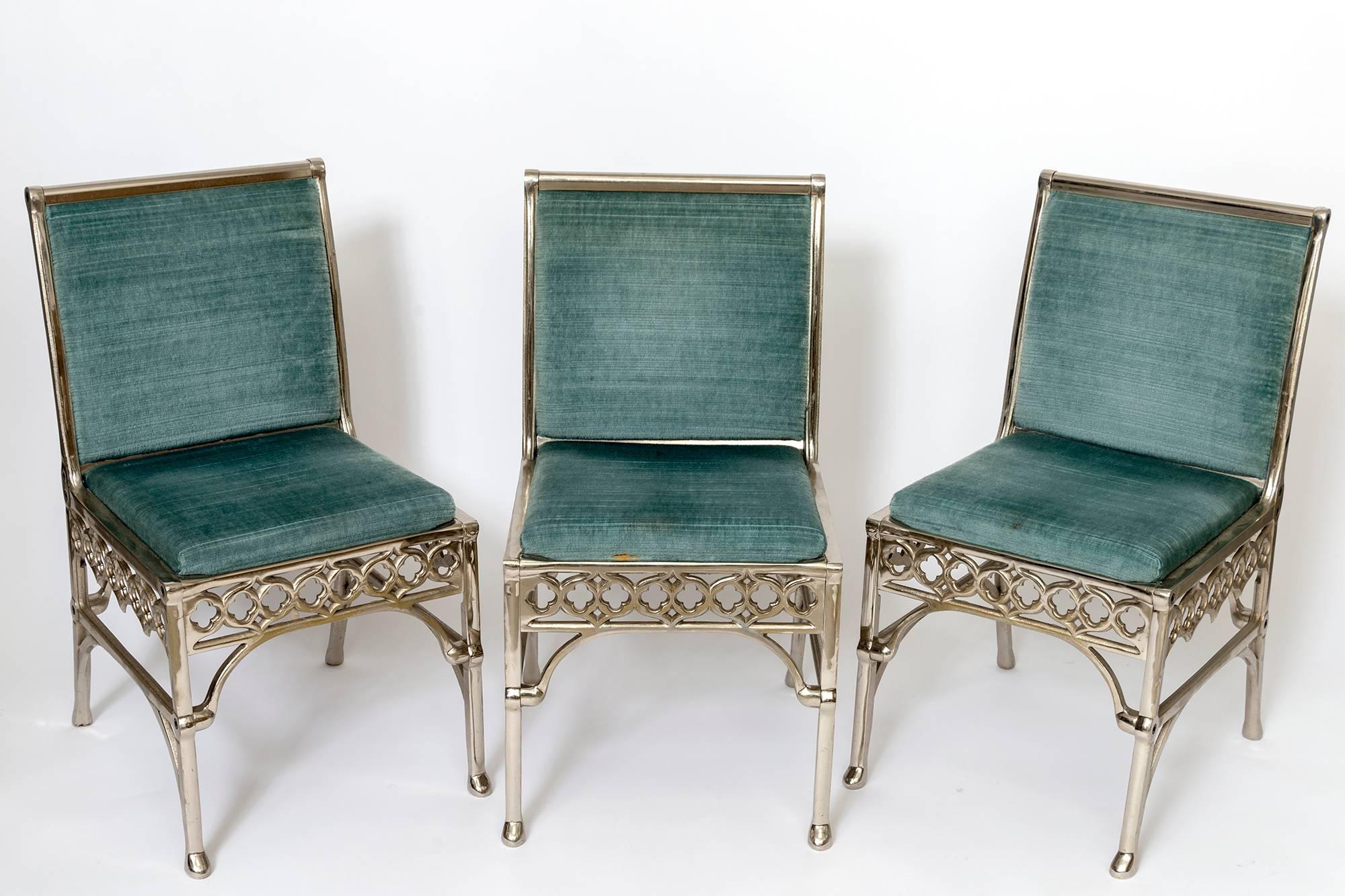 Set of Eight Neo-Gothic Low Back Dining Chairs In Excellent Condition For Sale In Los Angeles, CA