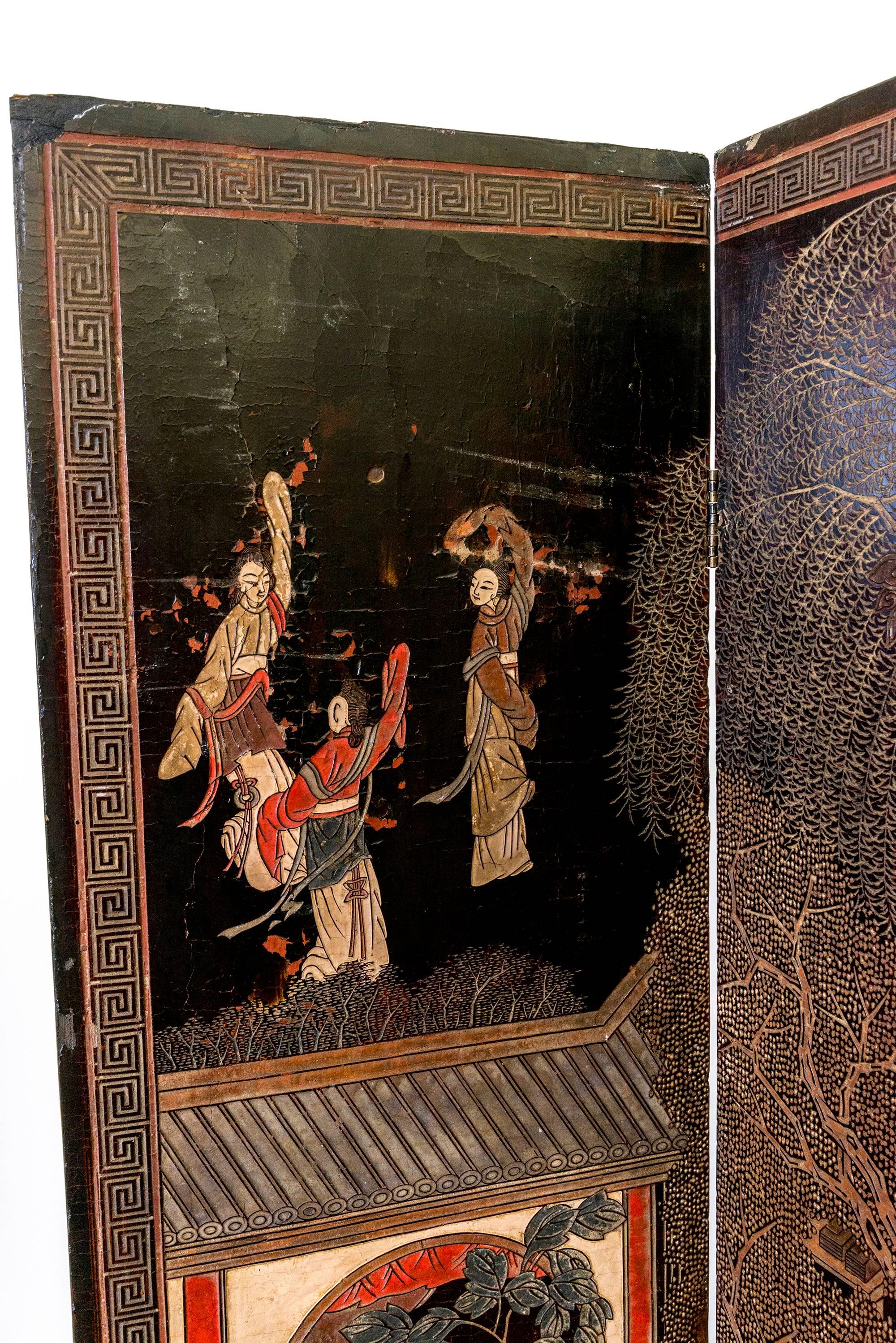 Wood Coromandel Screen with Carved Asian Paintings and Written Characters
