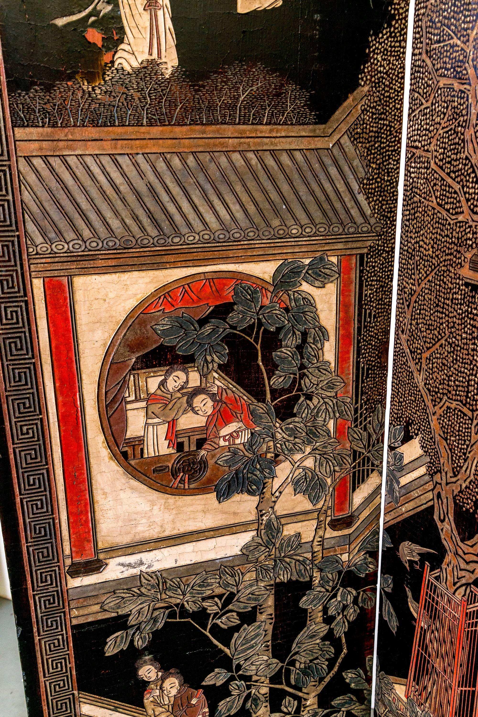 Coromandel Screen with Carved Asian Paintings and Written Characters 1