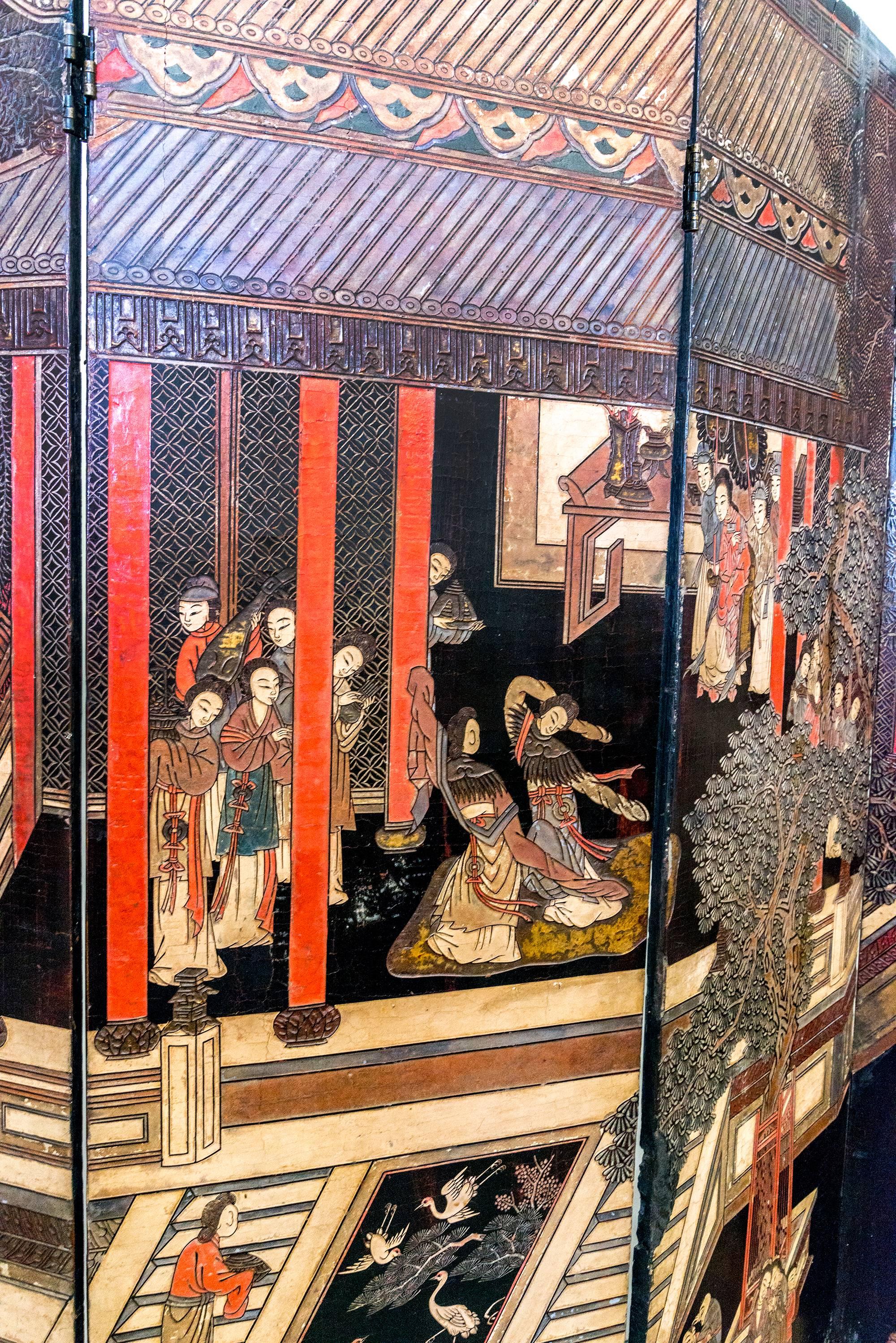 Coromandel Screen with Carved Asian Paintings and Written Characters 2