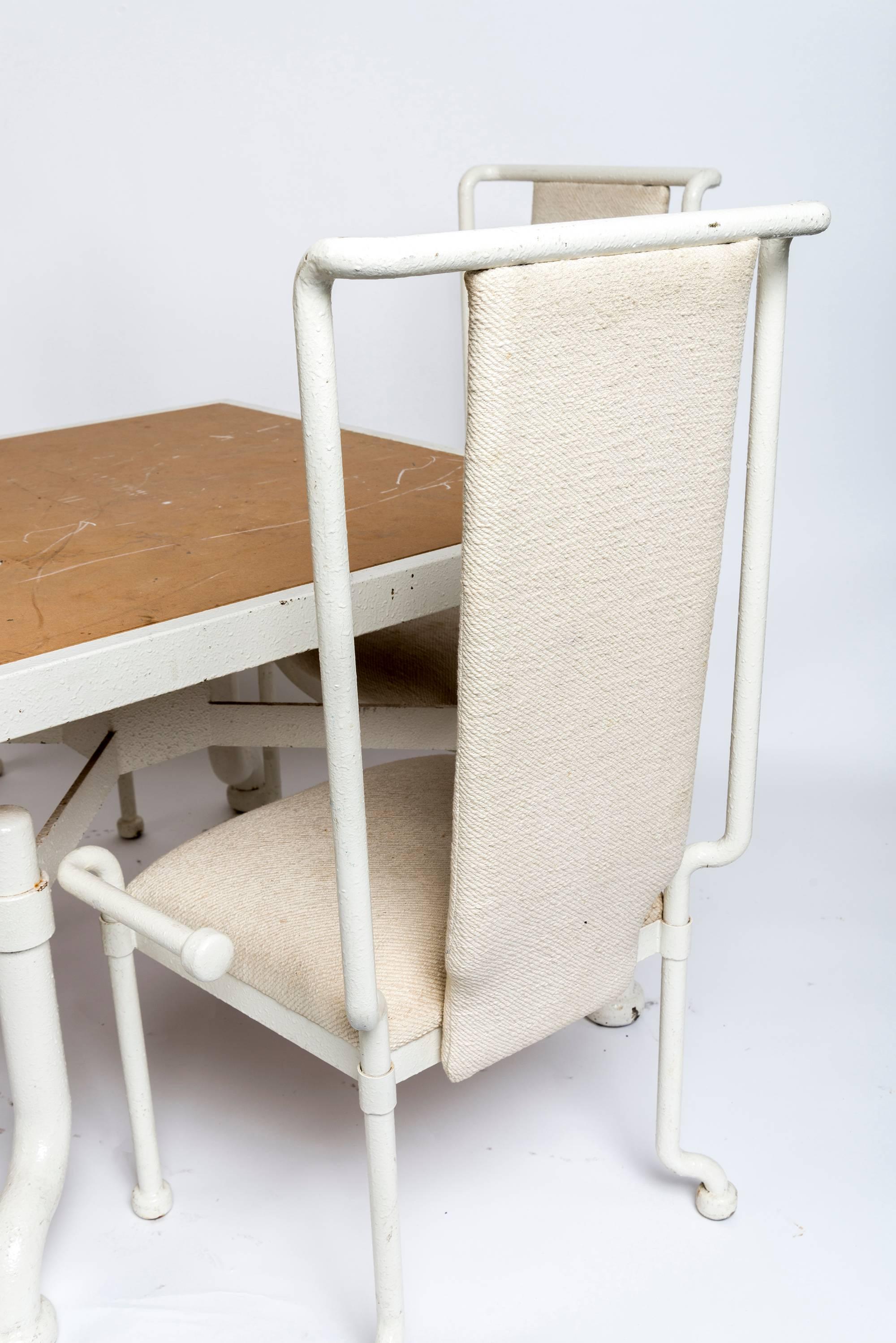 20th Century Set of Eight, 1970 White Painted Cast Iron Tables and Dining Chairs For Sale