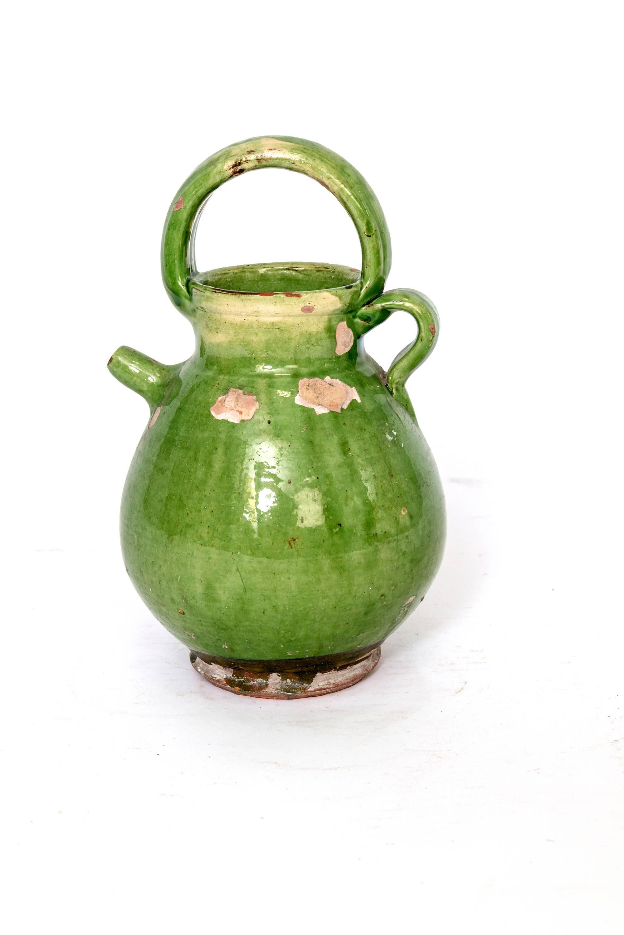 Glazed Large Green French Crockery Vase with Handles For Sale
