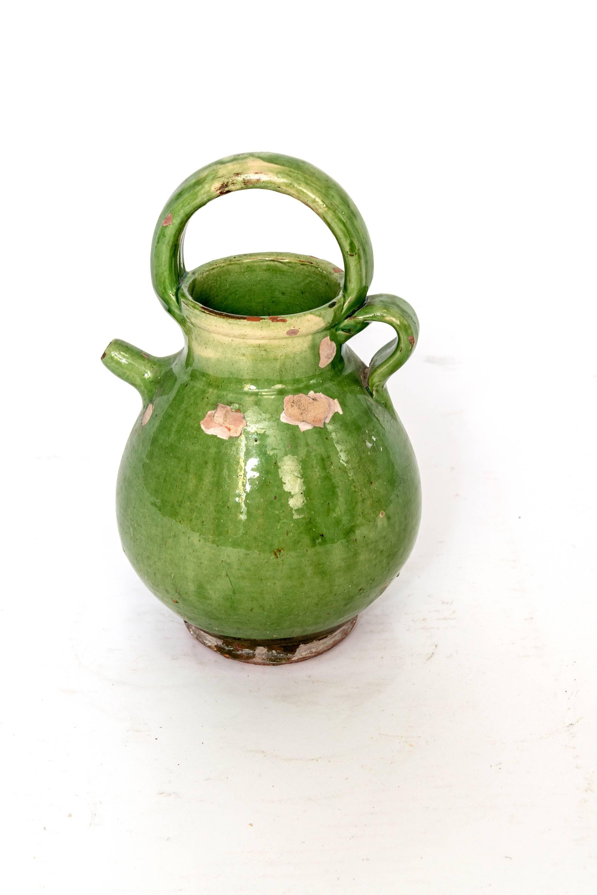 Large Green French Crockery Vase with Handles In Distressed Condition For Sale In Los Angeles, CA