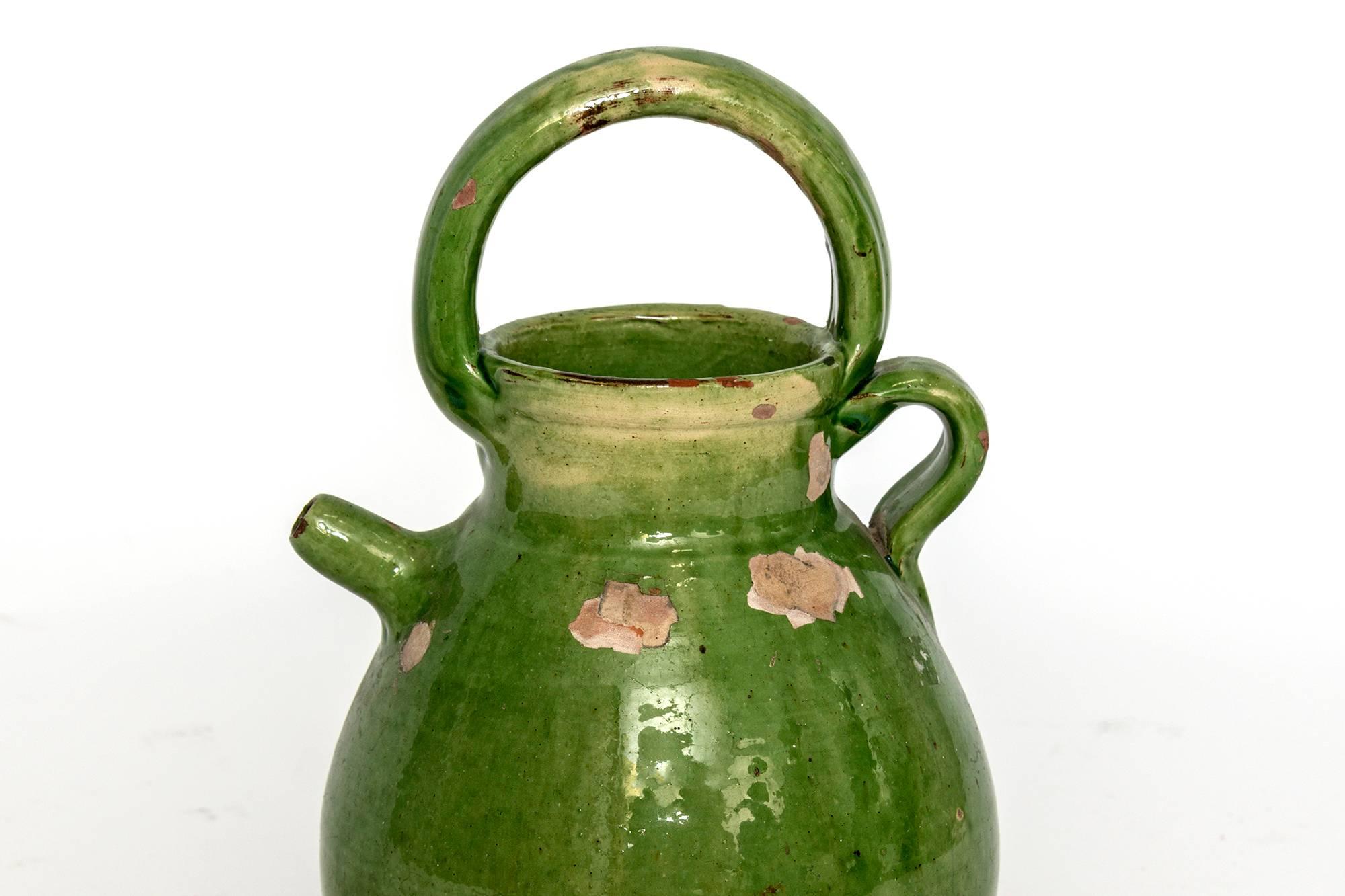 Late 19th Century Large Green French Crockery Vase with Handles For Sale