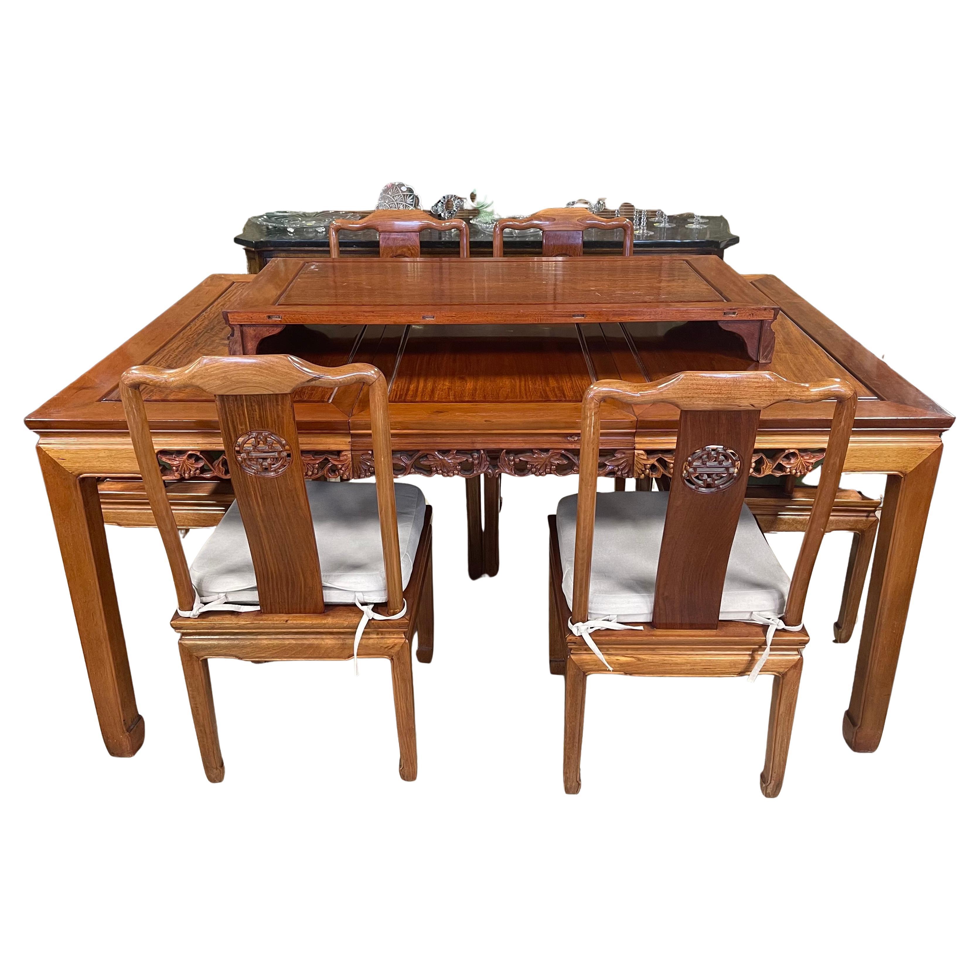 Chinese Carved Teak  Wood Dining Set 7 pcs Extendable