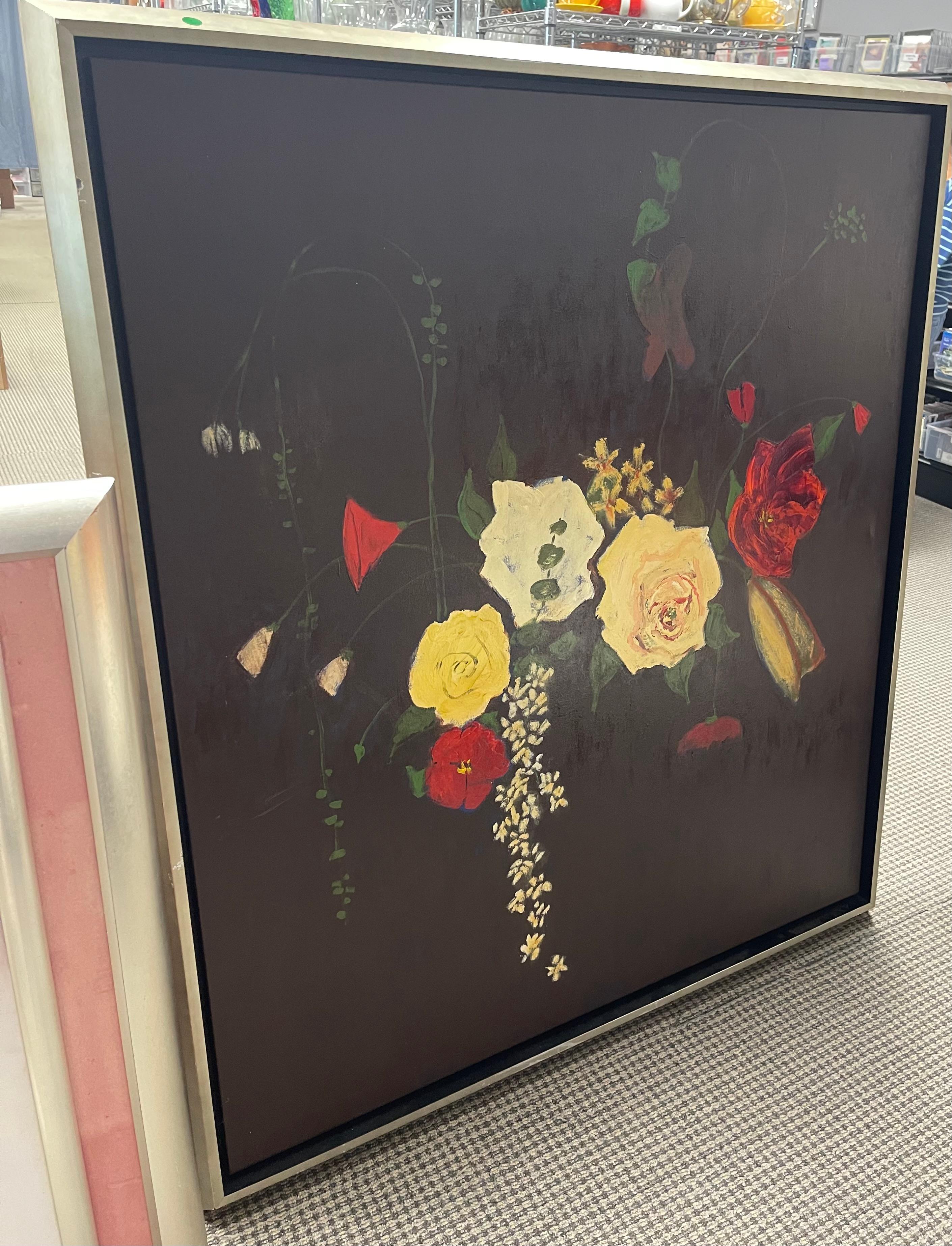 Großformatiges, beeindruckendes, dramatisches Gemälde von Robert Rob Neon Roses in the Night, Acryl auf Leinwand, gerahmt.