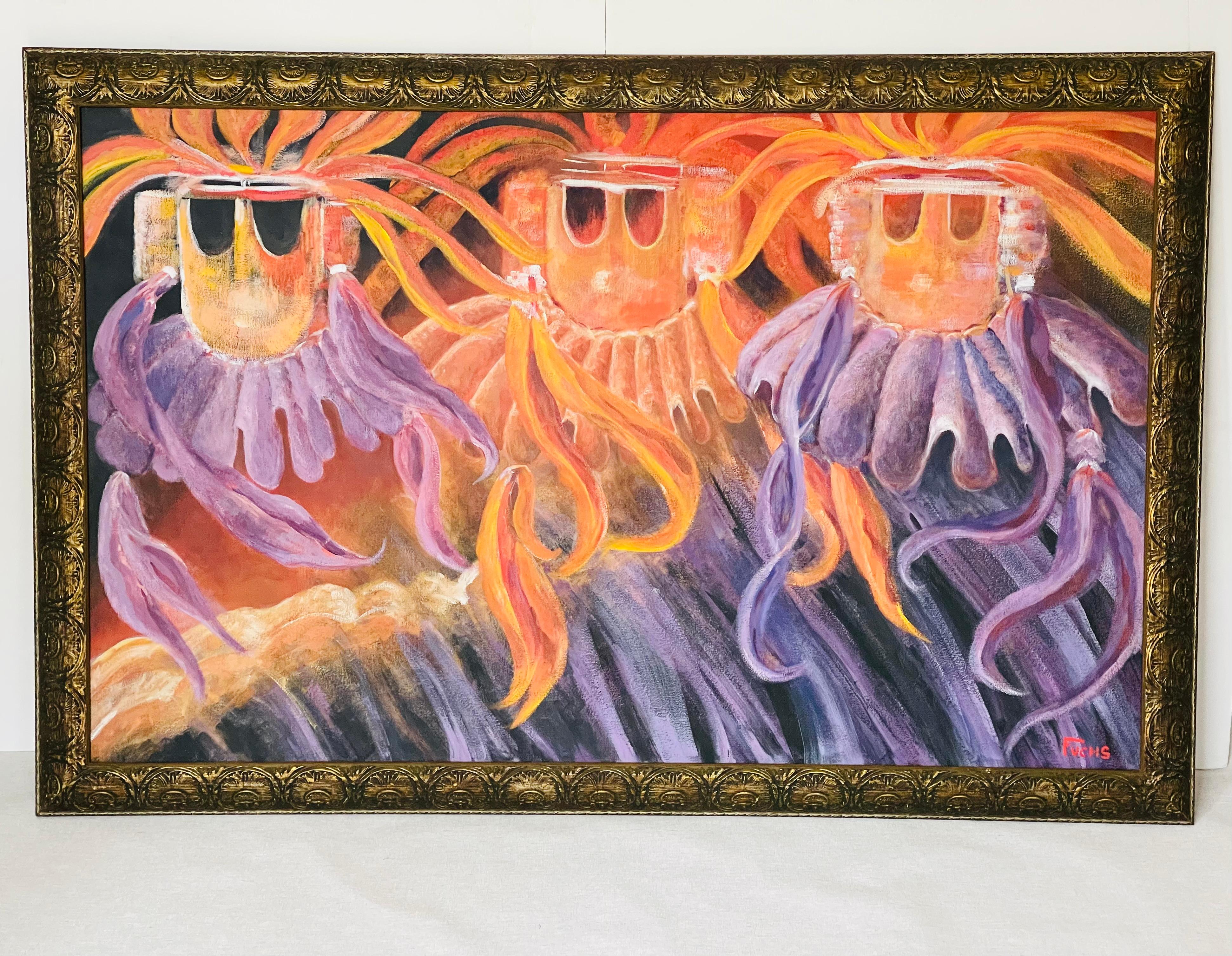 Large abstract expressionist acrylic on canvas painting signed lower right Fuchs - Three Kings. Framed original frame.