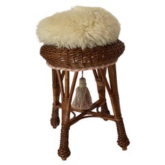 Vintage Rattan Handwoven Stool or Plant Stand with Lambskin Pillow