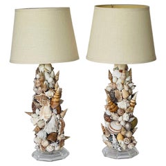 Fabulous Grotto Sea Shell Encrusted Lamps on Lucite Bases Tony Doucquett Style