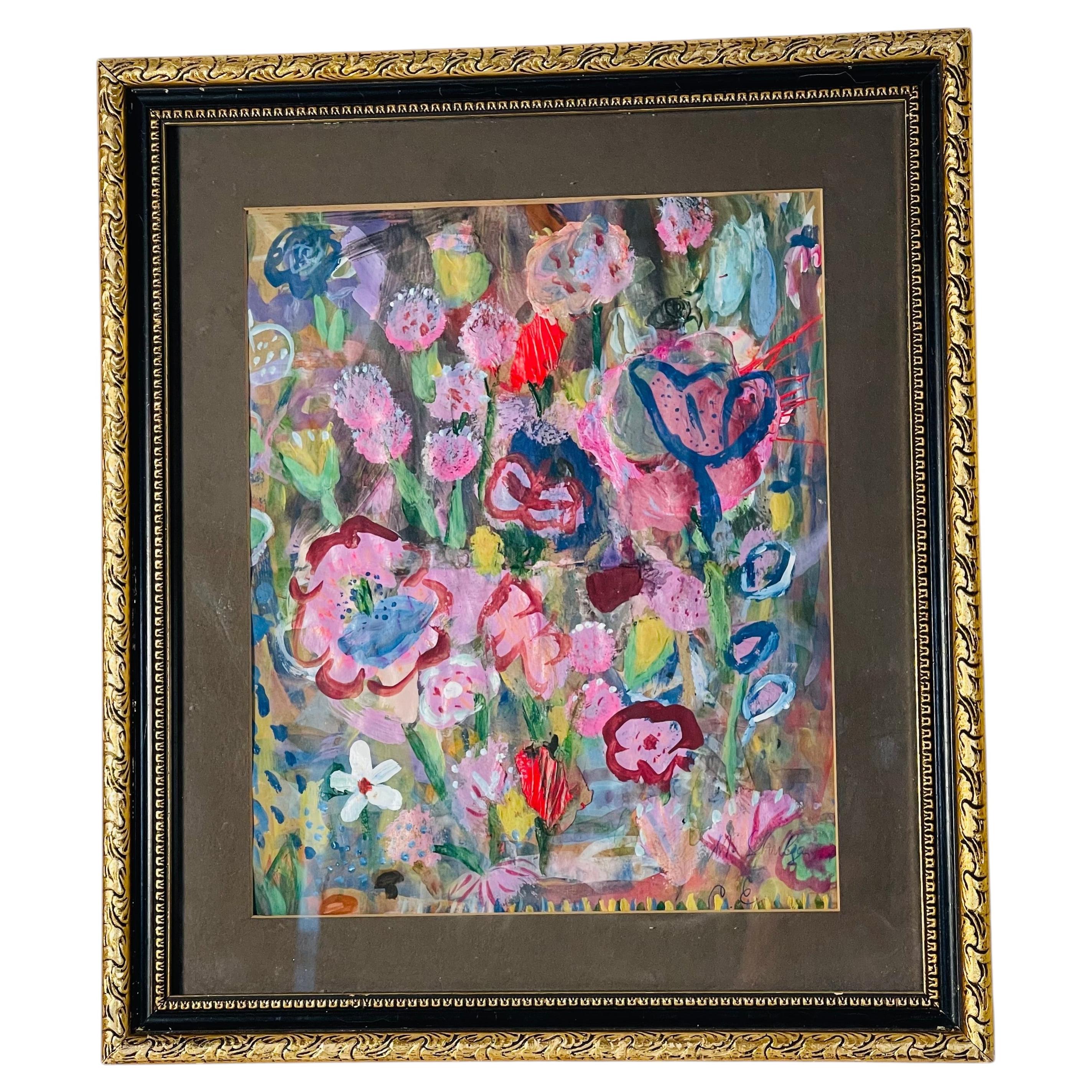 Vibrant Abstract Floral Painting on Paper Framed
