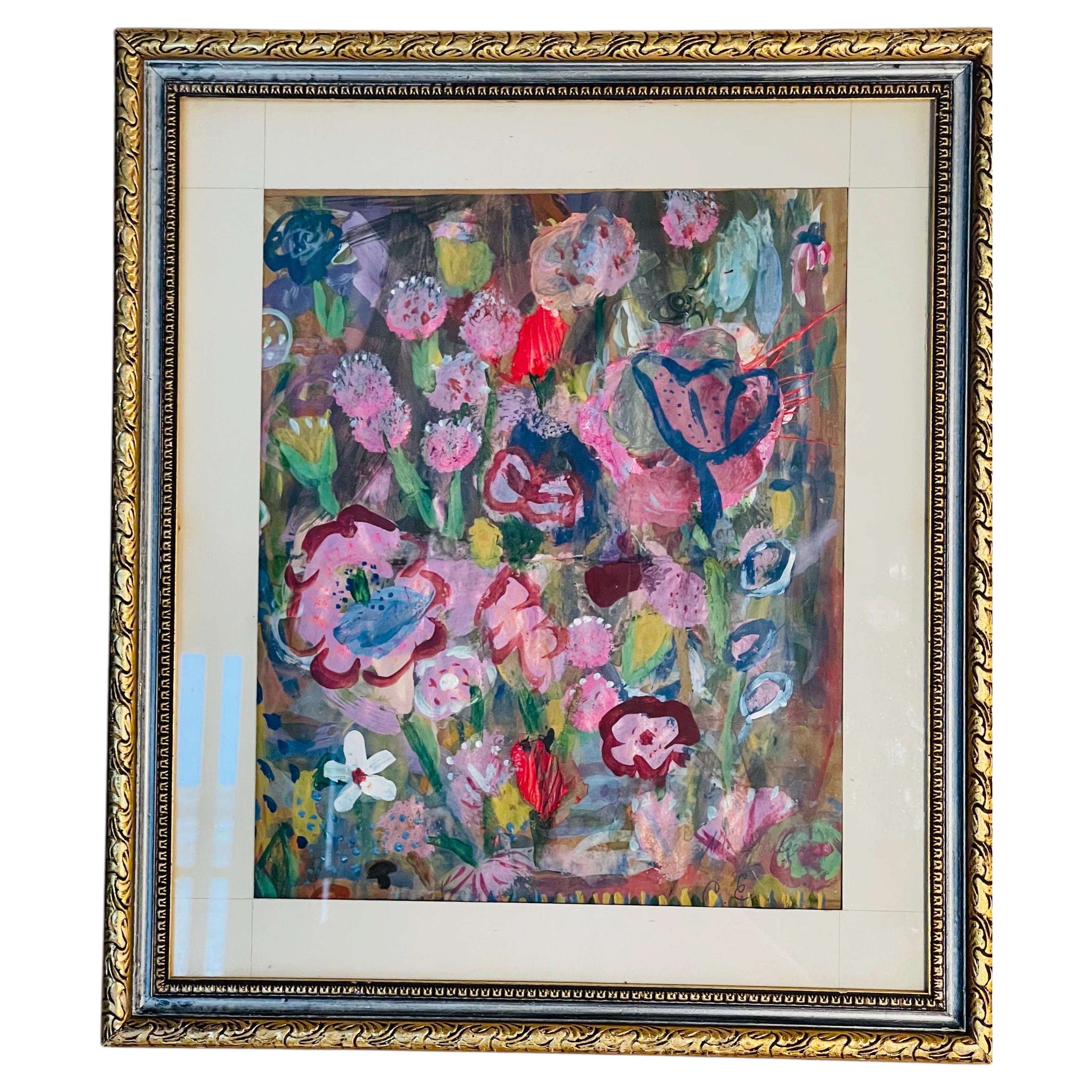 Vibrant Abstract Floral Painting on Paper Framed