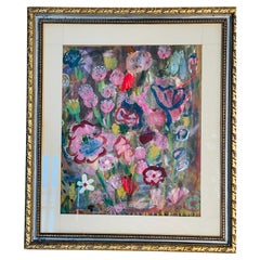 Vibrant Abstract Floral Painting on Paper Framed