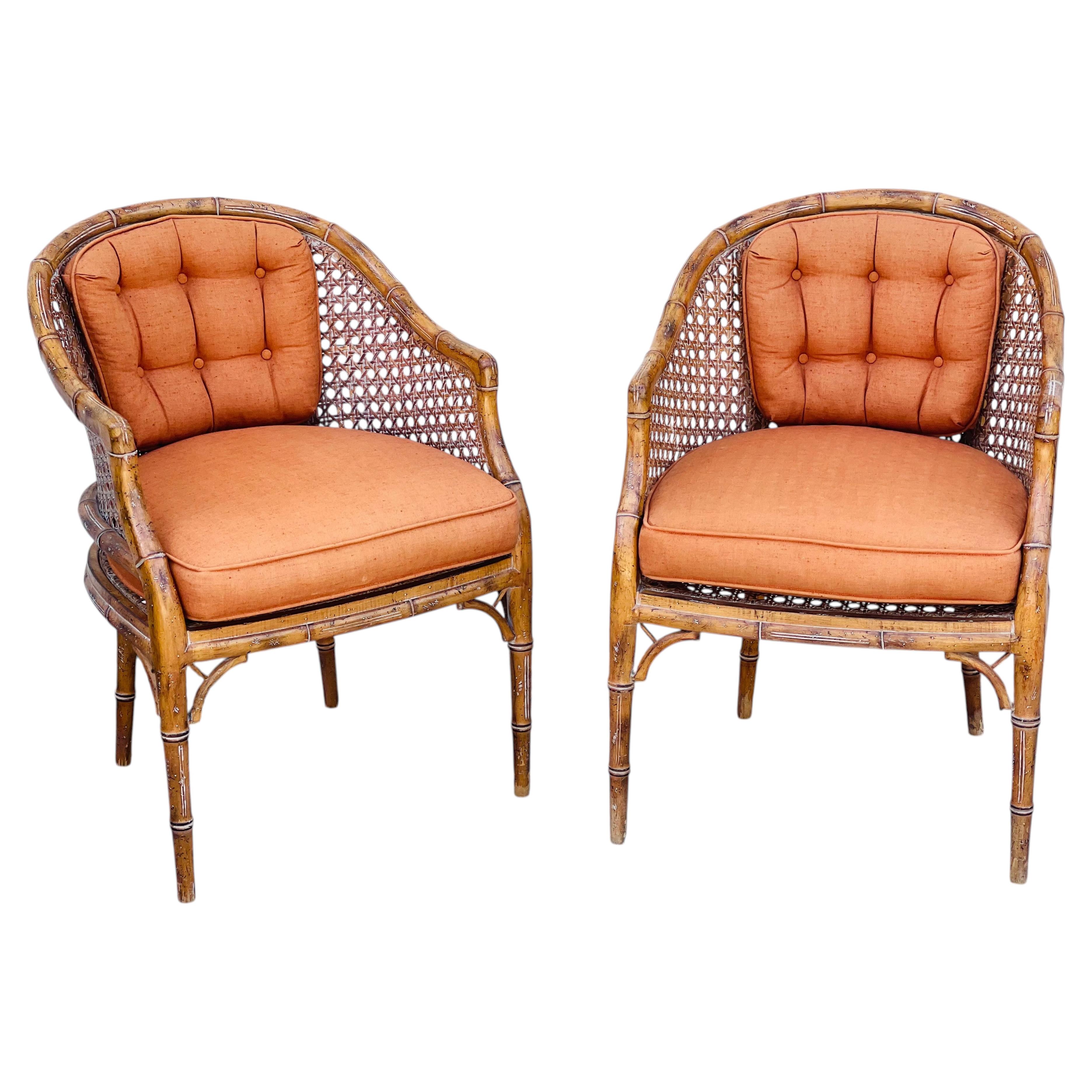Pair Faux Bsmboo Cane Tib Armchairs For Sale