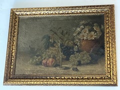 19 th c Antique Still Life Oil on Canvas Painting Signed Muller