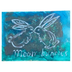 Abstract Mixed Media on Canvas Moon Bunnies by Elia Framed