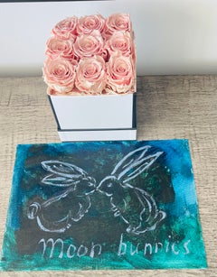 Abstract Mixed Media on Canvas Moon Bunnies by Elia Framed