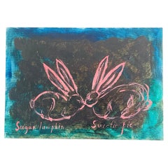 Moon Bunnies #2 Abstract Mixed Media Collage on Canvas by Elia Framed