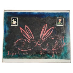 Moon Bunnies #2 Abstract Mixed Media Collage on Canvas by Elia Framed