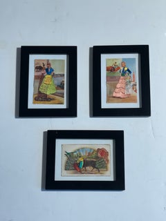 3 Antque Spanish Embroidered Postcards With Bullfighting Images