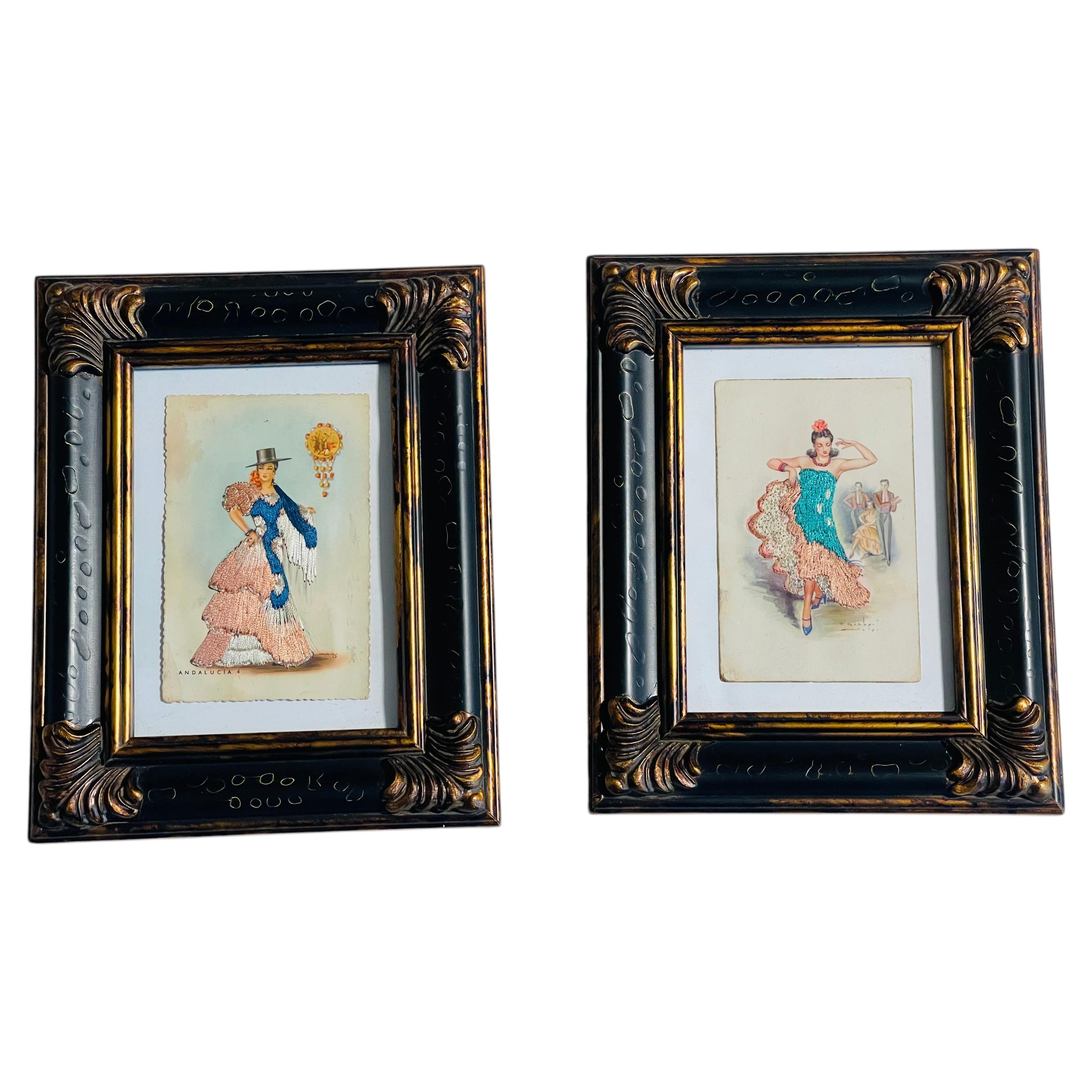 Pair of Antique Spanish Embroidered Postcards Flamenco Dancers For Sale