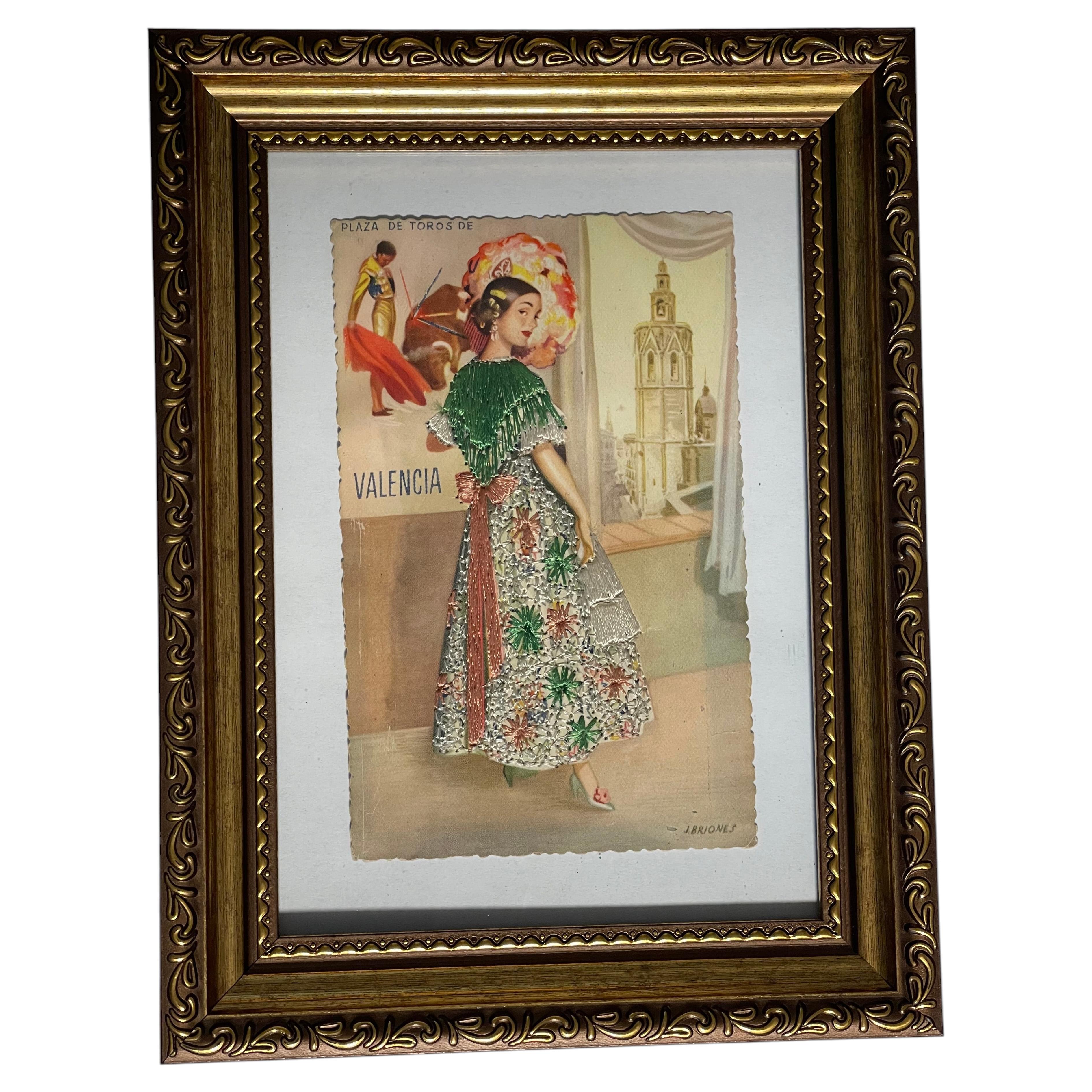 Spanische antike bestickte Postkarte: Valencia, Flamenco, Stierkämpfer