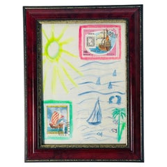 Abstract Drawing with Collage Seascape by Elia Framed