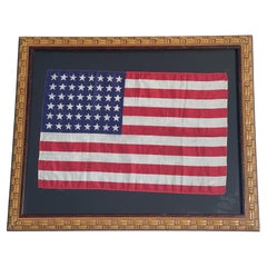 Antique American 48 stars Silk Flag in Folk Art Style Frame