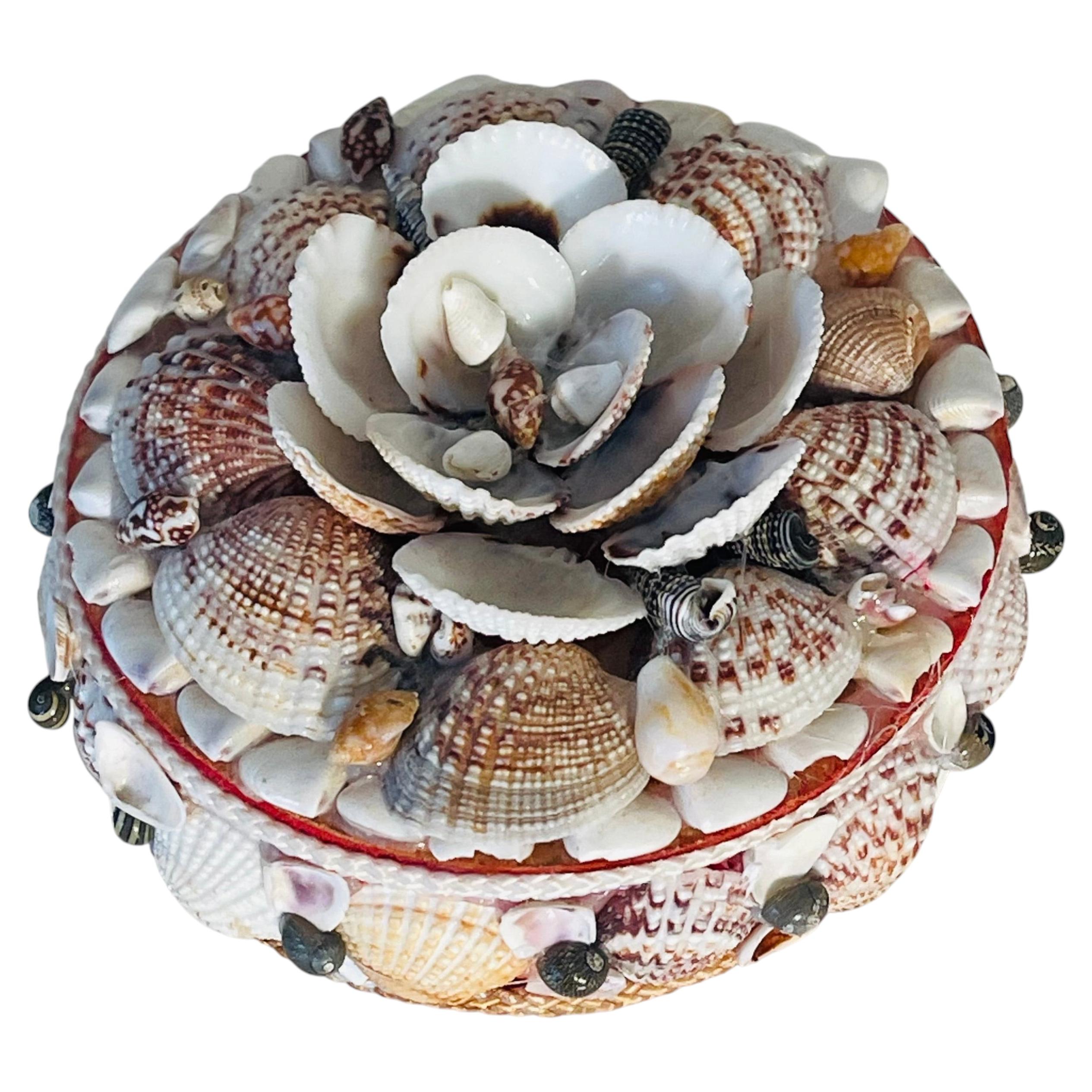 Vintage Folk Art Sea Shell Encrusted Round Box