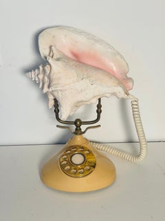 Art Sculpture Natural Specimen Conch Sea Shell on Antique Rotary Telephon