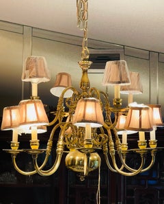 Gorgeous Rarly 20 th c Dutch Cannonball Brass Chandelier 12 Arms w Shades