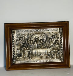 Antica scena religiosa spagnola raffigurante l'Ultima Cena, in argento placcato, incorniciata